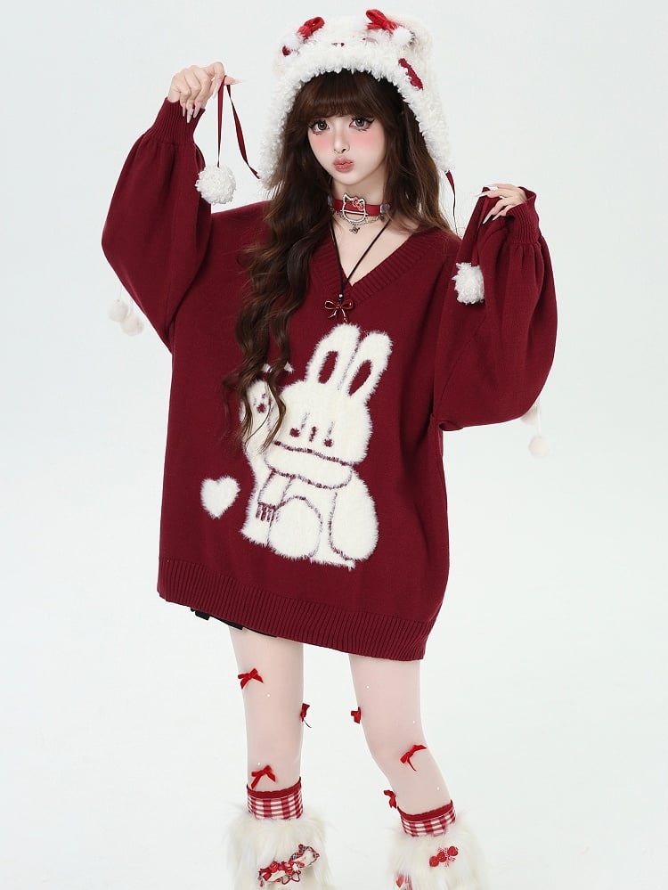 Black Cute Bunny V-neck Loose Sweater Lace-up Detail at Sleeves