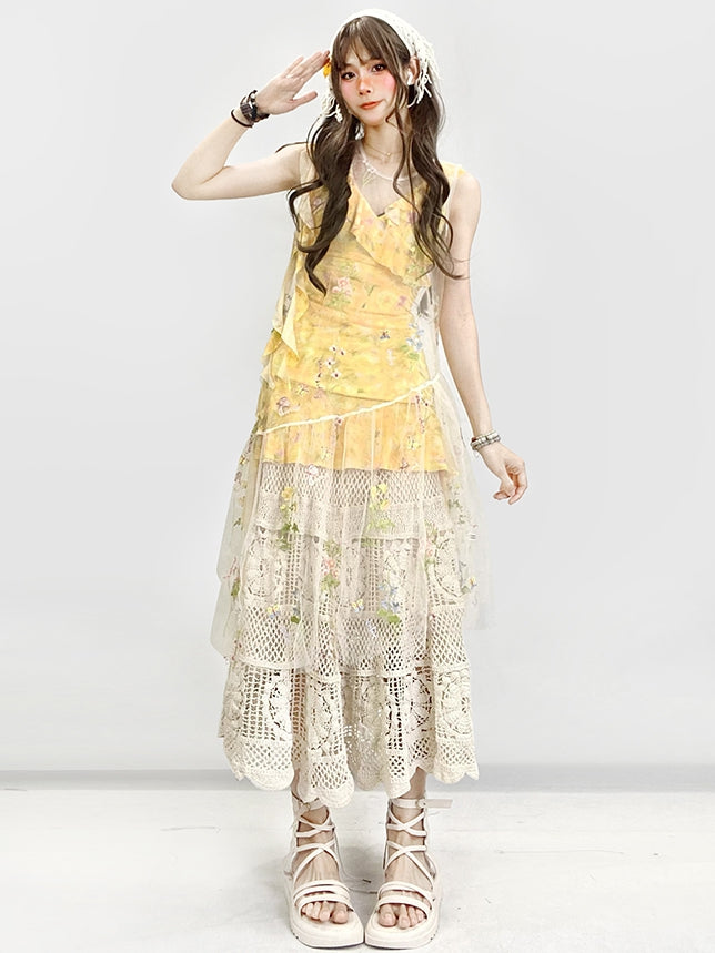 花柄ドレス ホワイト アシンメトリー イエロー ベージュ ホリデーセット - 透け感のある刺繍 + スカート裾