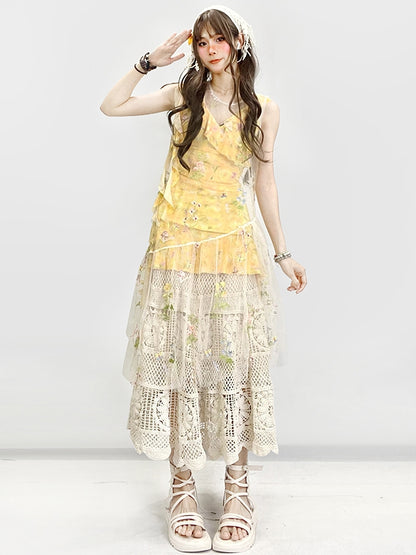 花柄ドレス ホワイト アシンメトリー イエロー ベージュ ホリデーセット - 透け感のある刺繍 + スカート裾
