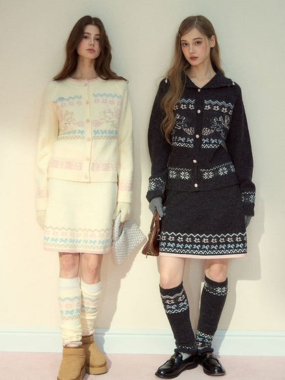 Design Knit Gray Kawaii Skirt with Cat Pattern Vintage Dark