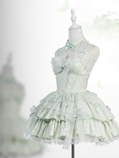 Light Green Boned Corset Waist Layered Dress Balletcore Lolita Jumper Skirt