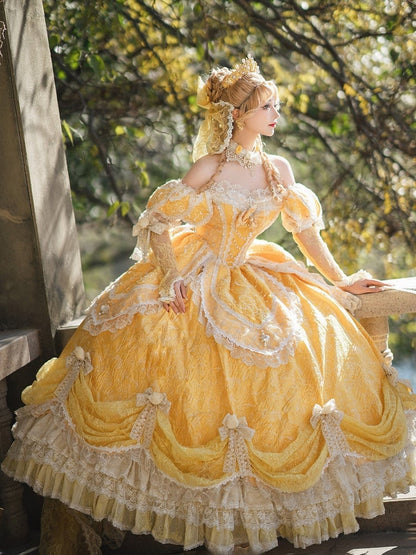 Lolita Layered Gown Lace Yellow Version and with Long Hanayome Ruffles Bow Hime Details Off-Shoulder