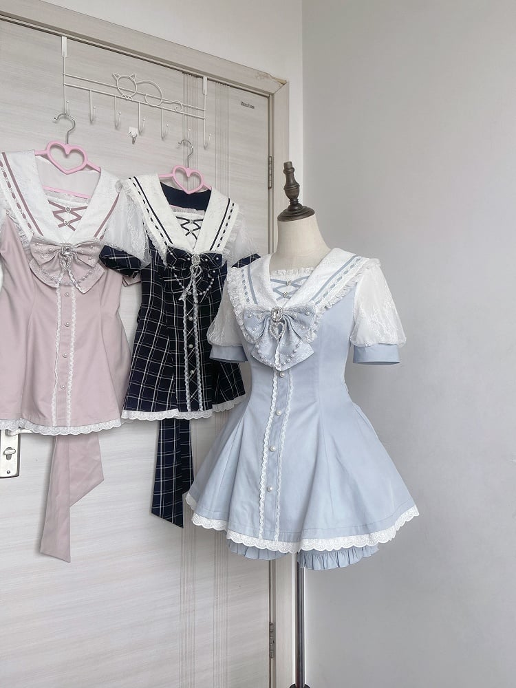 Set aus rosa/hellblauen Shorts mit Schleife hinten, Matrosenkragen, selbstbindendem Minikleid + gerüschtem hellem Saum, Jirai Kei