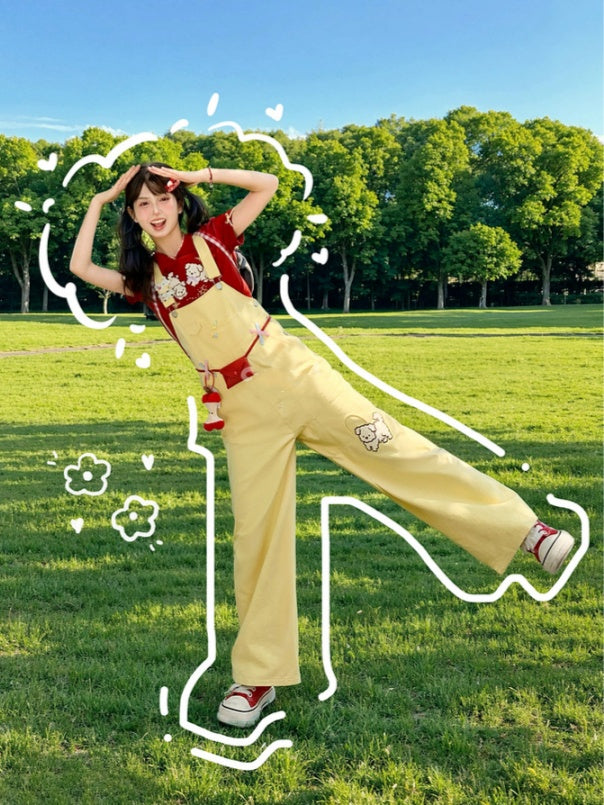 Cut Cartoon Puppy Embroidery Straight-leg Yellow Overall Pants