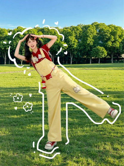 Cut Cartoon Puppy Embroidery Straight-leg Yellow Overall Pants