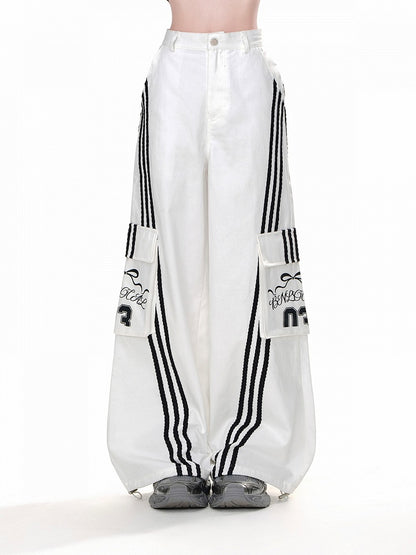 Hose Weites Bein Schwarz Cargo Lose Weiße Taschen