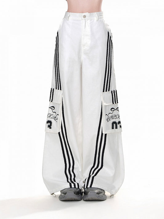 Hose Weites Bein Schwarz Cargo Lose Weiße Taschen