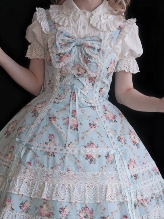 Blue Cotton JSK Dress with Floral Print and Snowfall Motif