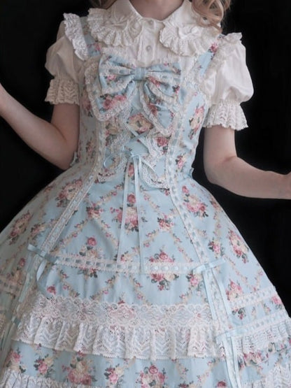 Blue Cotton JSK Dress with Floral Print and Snowfall Motif