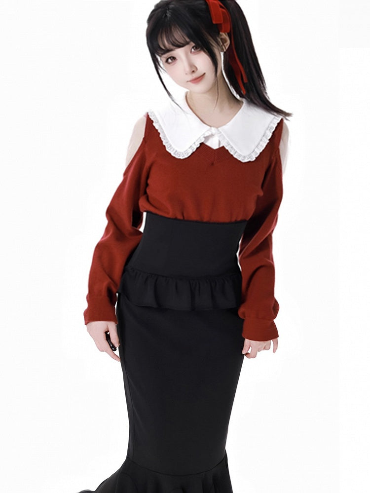 Wine Red/Grey Peter Pan Collar Sweater
