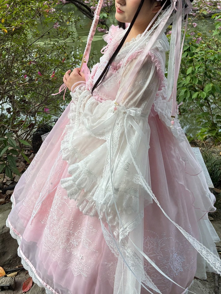 Pink & White Chinoiserie Floral Lace Blouse for Inner or Outer Wear - Flower Banquet