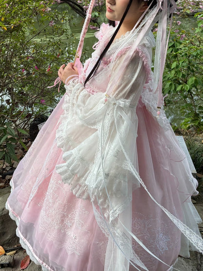 Pink & White Chinoiserie Floral Lace Blouse for Inner or Outer Wear - Flower Banquet