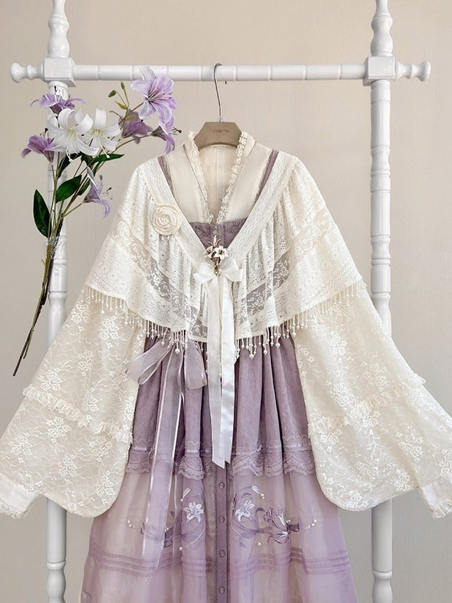 Beige Bow Pearl Tassel Lace Blouse - Tan Tuan