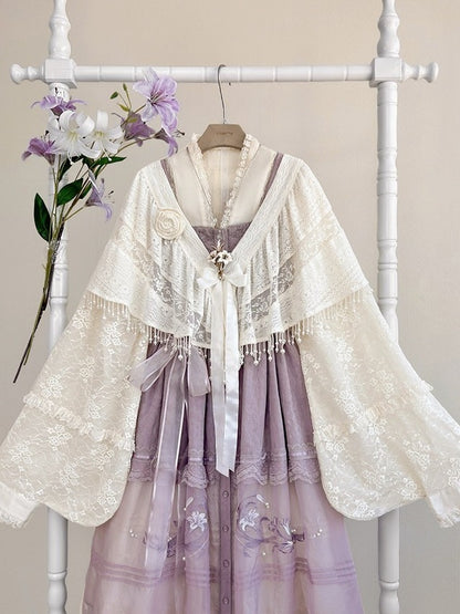Beige Bow Pearl Tassel Lace Blouse - Tan Tuan