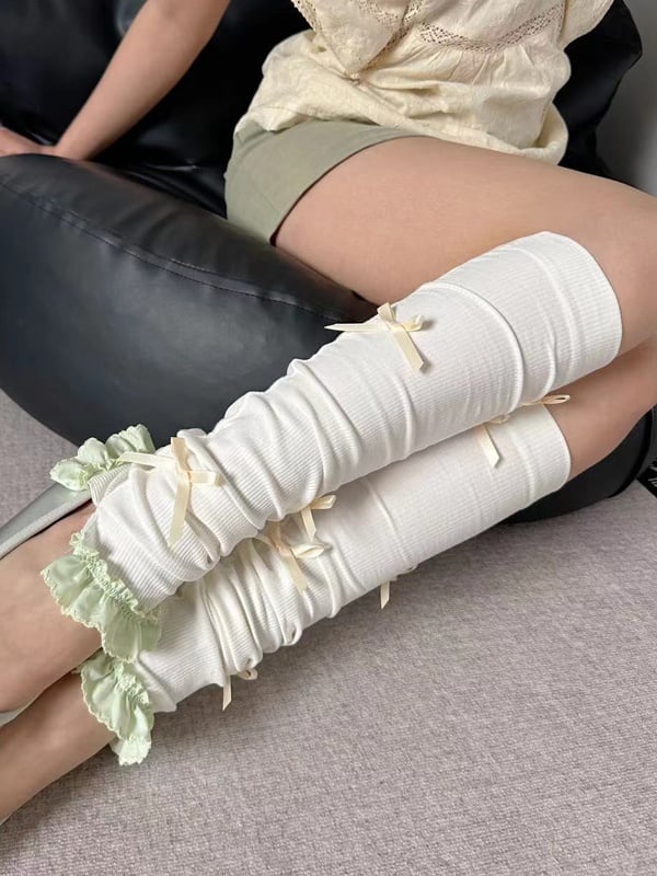 ダークグレーのブロケット リボン結び フリル袖口 レッグウォーマー