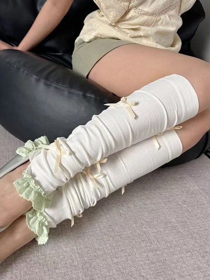 ダークグレーのブロケット リボン結び フリル袖口 レッグウォーマー