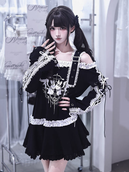 Bunny Print Black Off-Shoulder Long-Sleeve Jirai Kei T-Shirt Dress with Ruffles - Ekomi