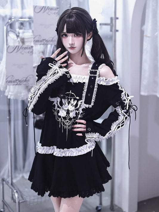 Bunny Print Black Off-Shoulder Long-Sleeve Jirai Kei T-Shirt Dress with Ruffles - Ekomi