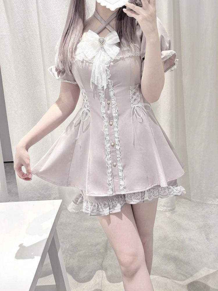 Dress Shorts Set: Buttons Coord Heart + Sweet Kei Jirai with Light Pink Shaped Halter