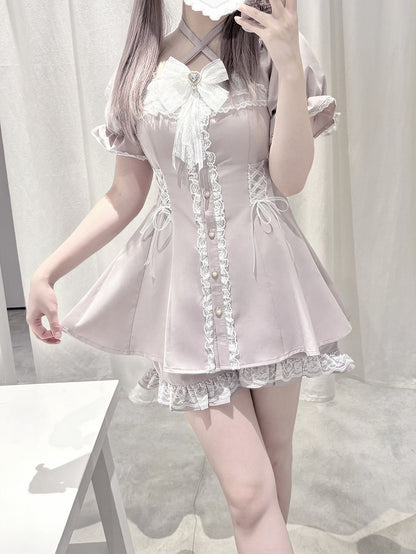 Dress Shorts Set: Buttons Coord Heart + Sweet Kei Jirai with Light Pink Shaped Halter