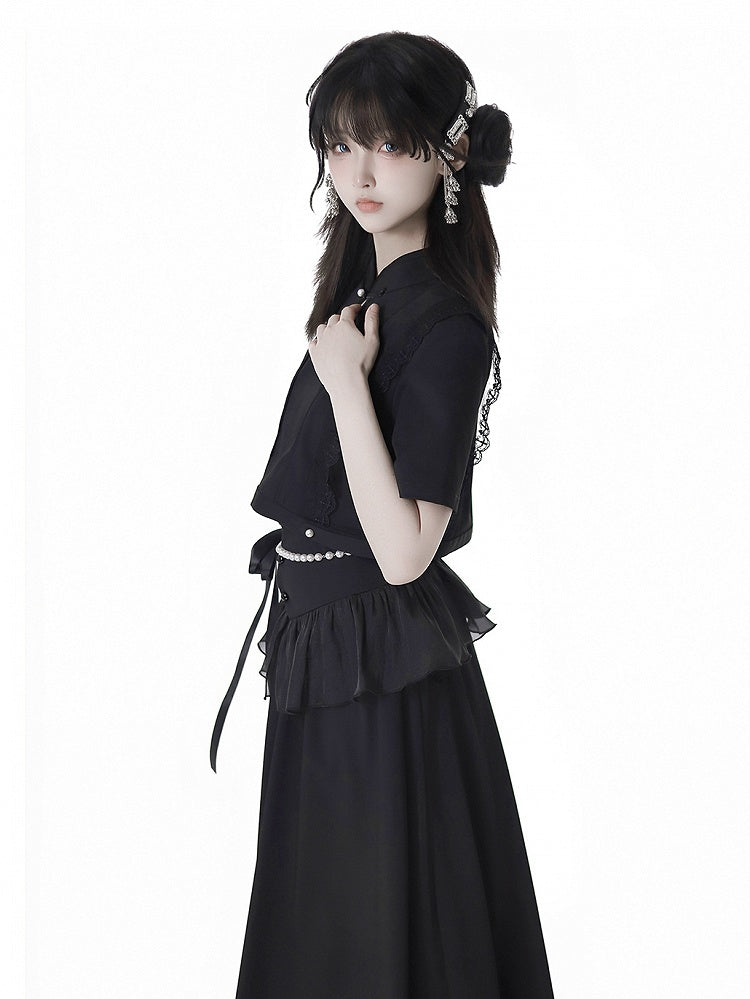 Short Sleeves Top Black Cheongsam Collar Bead Details