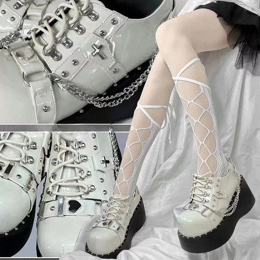 Grey Gothic Punk Platform Shoes with Lace-up Design & Studded Accents