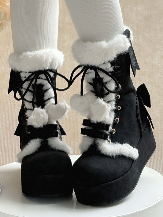 Lined in Sweet 4cm Black Romantic Lolita Boots Plush Bow Accents Platform