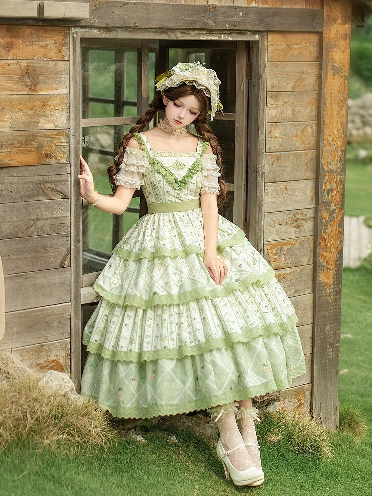 Flower Basket and Bunny Print Green Natural Kei Lolita Tiered JSK Dress - With PUJI