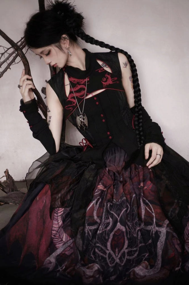 Black Gothic Dragon Embroidery Sleeveless Top Cutout Detail