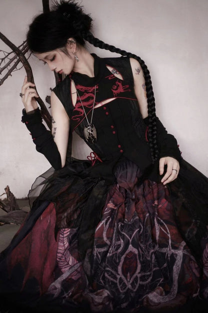 Black Gothic Dragon Embroidery Sleeveless Top Cutout Detail