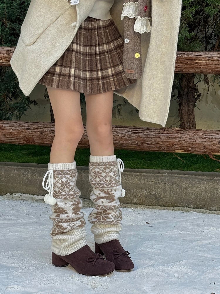Tie Leg Pattern Warmers with Knit Nordic Pom-Pom