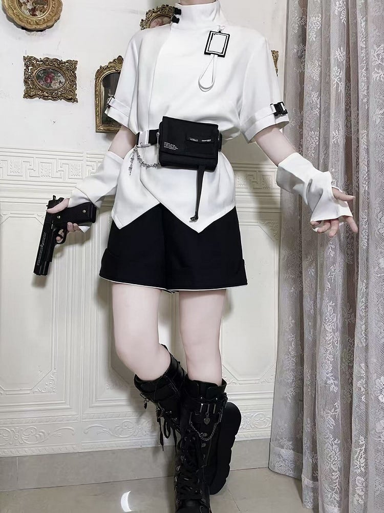 Futuristic Fashion Buckle Collar Techwear White Sleeves Short High Ouji Top