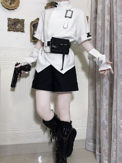 Futuristic Fashion Buckle Collar Techwear White Sleeves Short High Ouji Top