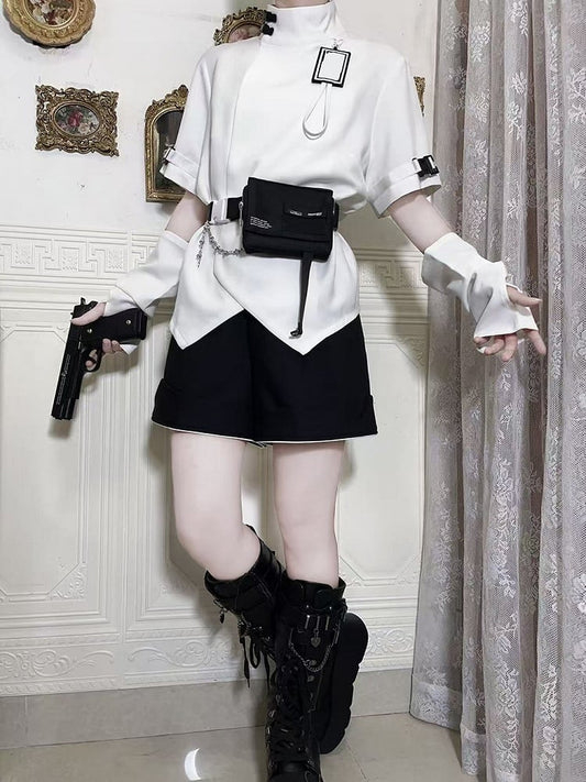 Futuristic Fashion Buckle Collar Techwear White Sleeves Short High Ouji Top