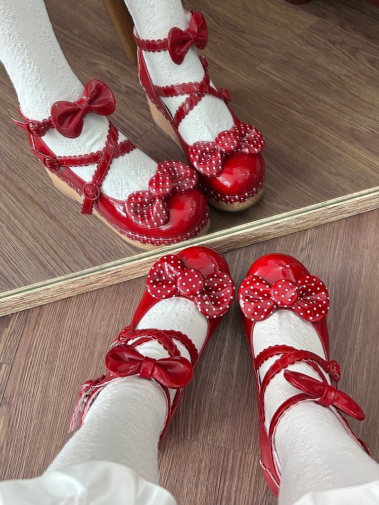 Lolita Leather Red Polka-dot PU Wedge Pattern Mary Janes Polished - Sweet