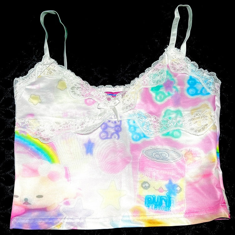 Bedrucktes Top mit buntem Spitzenbesatz im Y2K-Stil, Cami-Bär