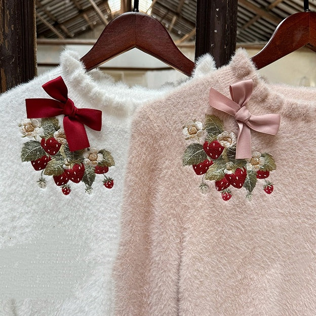 Dusty Autumn Stickerei Erdbeere Bowknot Strick auf Ausschnitt Top Bündchen Rosa