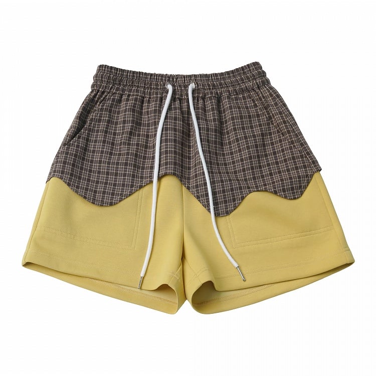 Caramel Pudding Yellow and Brown Plaid Drawstring Shorts - PINK SAVIOR