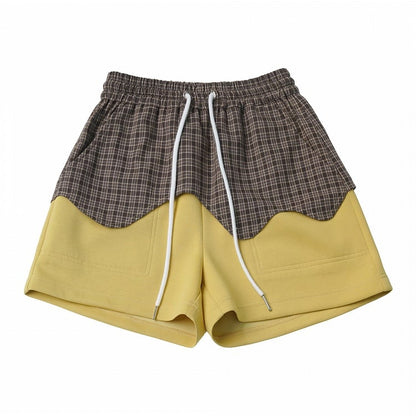 Caramel Pudding Yellow and Brown Plaid Drawstring Shorts - PINK SAVIOR