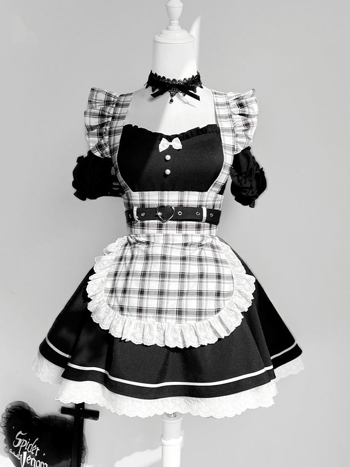 Set Black Piece + One Shoulder Plaid Cutout Apron Maid Lolita