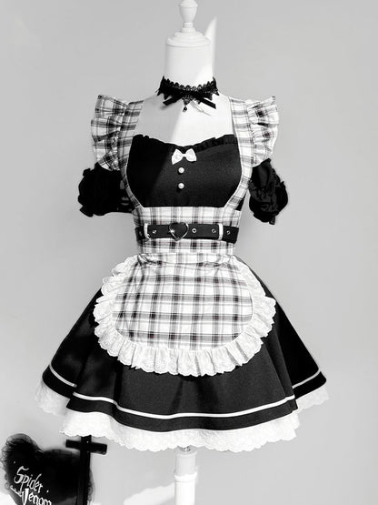 Set Black Piece + One Shoulder Plaid Cutout Apron Maid Lolita