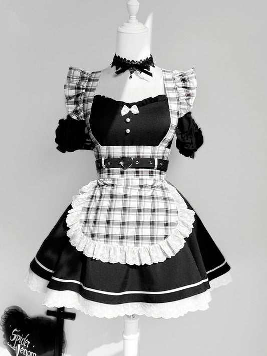 Set Black Piece + One Shoulder Plaid Cutout Apron Maid Lolita