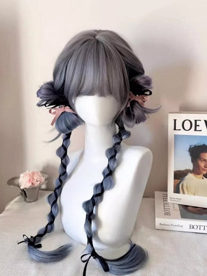 with Wig Wavy Blue Long Bangs 70CM Dusty Full