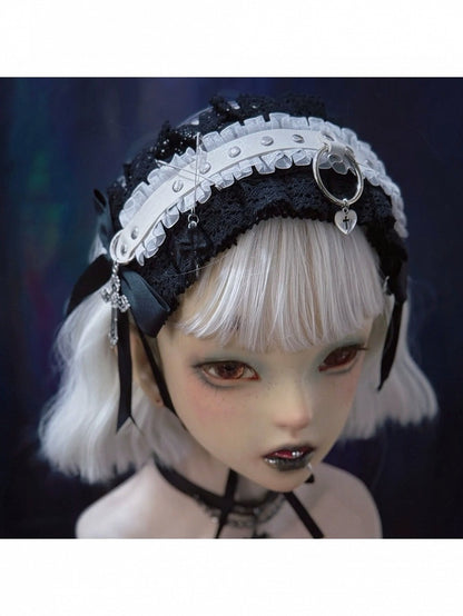 Gothic Black & White Lace Headband with Cross Accents - Strange Sugar