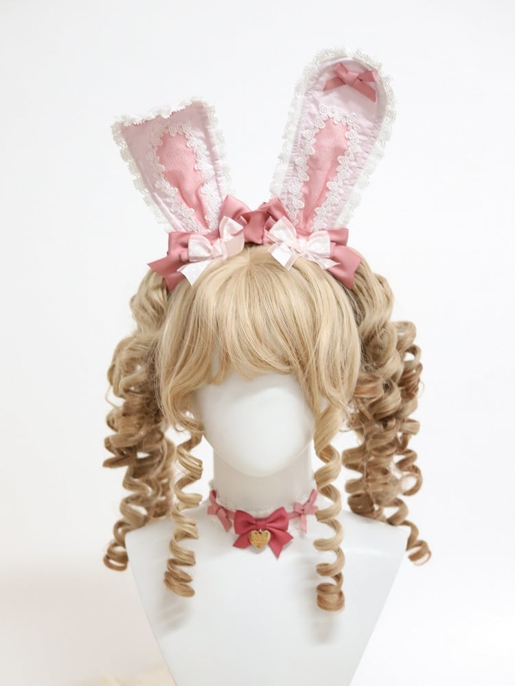 Polka-Dot Hair Bunny-Ear Pastel Lace Pink Clips with Bows