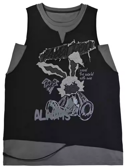 ほろ苦いグレーのトップス、ブラックのアップリケタンクトップ、フェイクレターのウサギ柄のツーピース