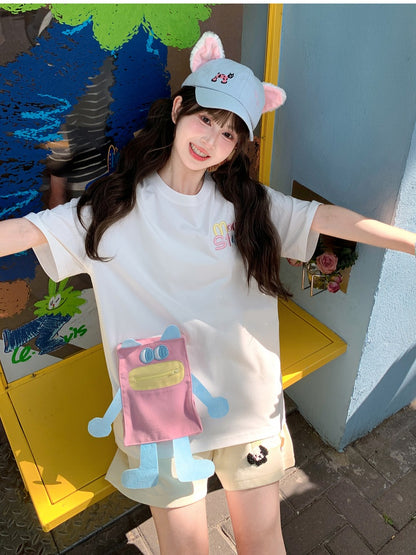 T-shirt Blue/Pink Neck Loose Cartoon Pocket White Round