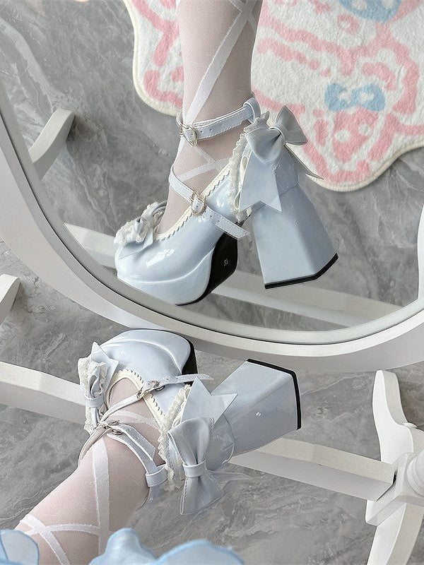Light Bow Elegant with Blue Mary Lolita Scalloped PU Details Janes Hem