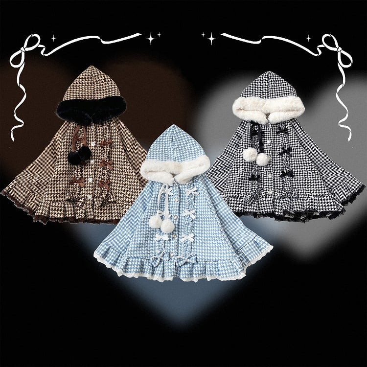Hooded Fleece-Lined Kei Buttons Heart Cape Houndstooth Jirai with