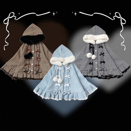 Hooded Fleece-Lined Kei Buttons Heart Cape Houndstooth Jirai with